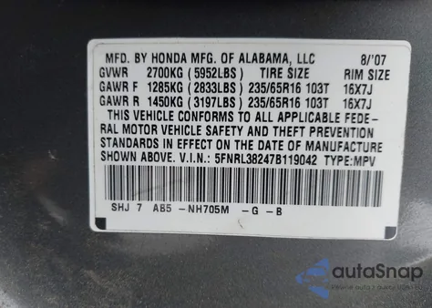 2007 Honda Odyssey Lx z USA, uszkodzony, nr VIN 5FNRL38247B119042